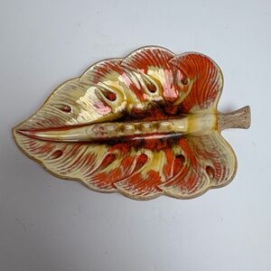 Vintage 1962 MCM Treasure Craft Leaf Shaped Ashtray in Orange, Yellow and Brown